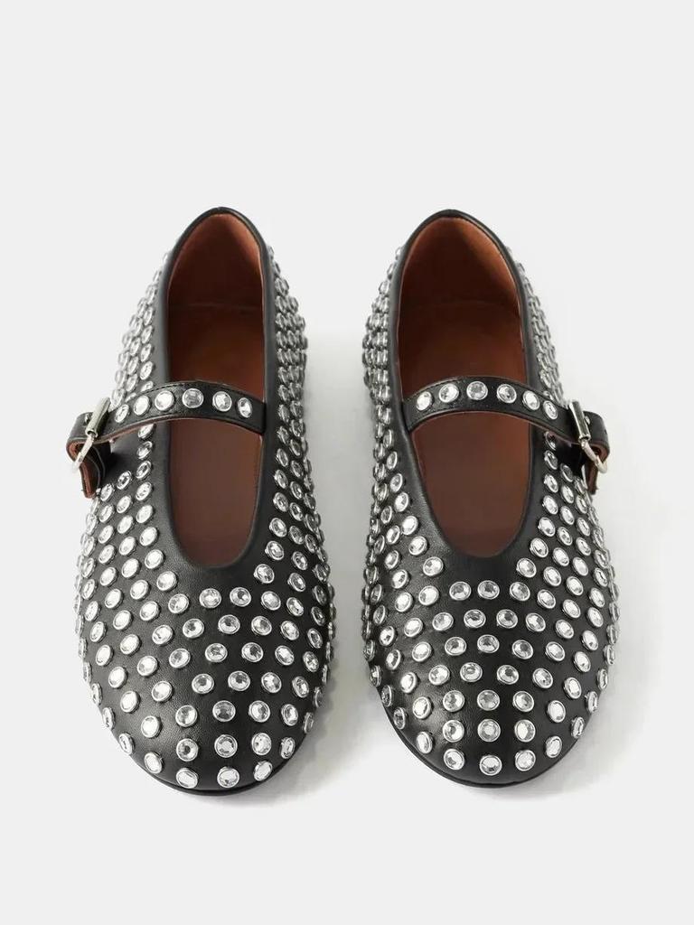 Women's Rhinestone Rivet Single Shoes Women New Round Toe Hollow Belt Buckle Comfortable Flat Dance Ballet Mary Jane Shoes