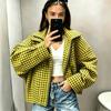 Women Vintage Small Plaid Cropped Jacket Lapel Collar Zip Up Long Sleeve Loose Casual Checkered Coat