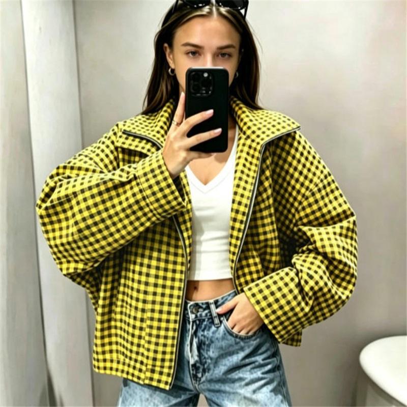 Women Vintage Small Plaid Cropped Jacket Lapel Collar Zip Up Long Sleeve Loose Casual Checkered Coat