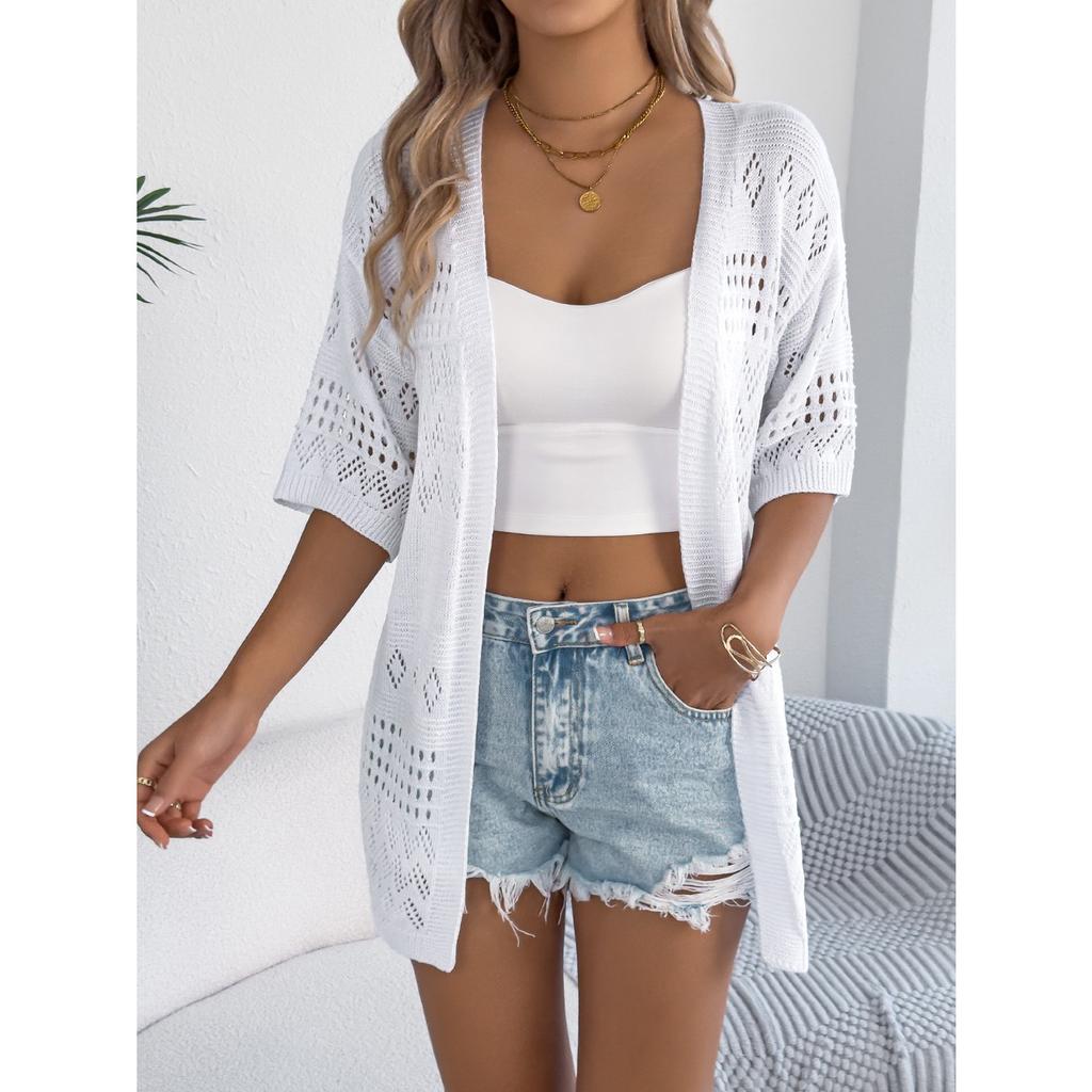 HNXC Spring and Summer Casual Solid Color Cut-out Mid-sleeved Knitted Sweater Vacation Cardigan Women's Wear