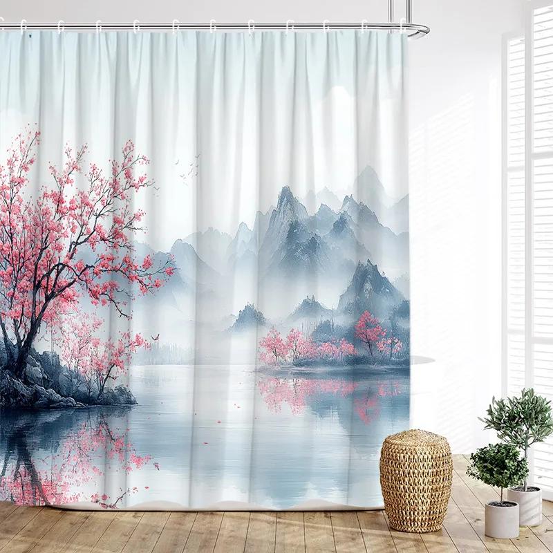Japanese Style Landscape Shower Curtain Ink Mountain Cherry Blossom Pavilion Lake Asian Art Bath Curtains Home Bathroom Decor