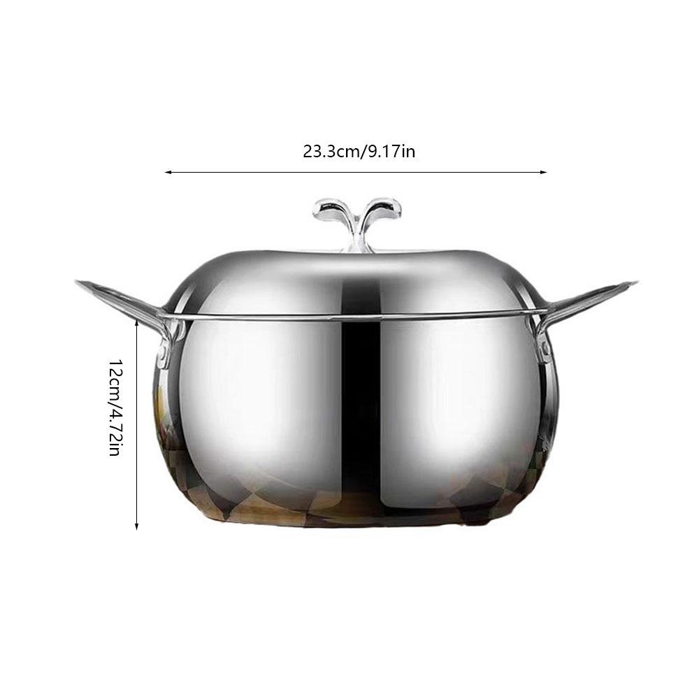 1pc Stainless Steel Saucepan with Lid, Uncoated Multipurpose Soup Pot, Double Handle Apple Shape, Compatible with Electric Stove