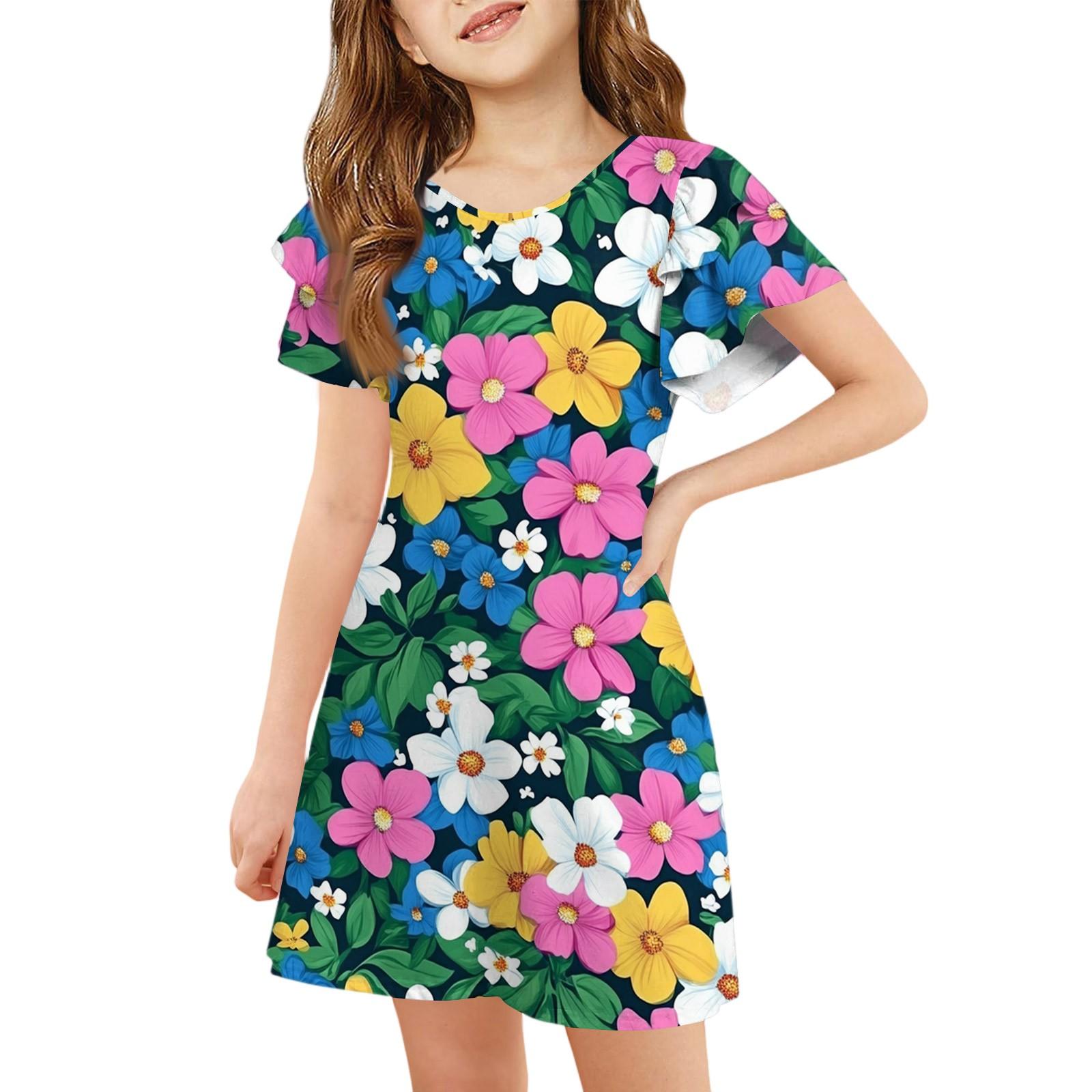 Girls  Ruffle Sleeve Dress - Round Neck Printed Sundress 130 розовый