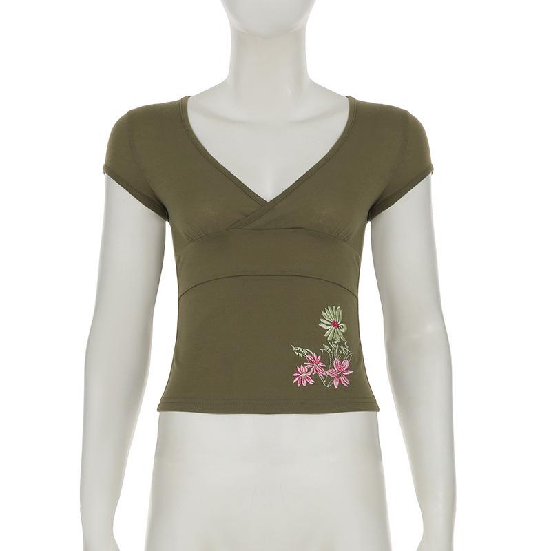 2026 Šik květinový úzký crop top s výstřihem do V a výšivkou pro ženy - Jaro/Léto Sladký a pikantní design