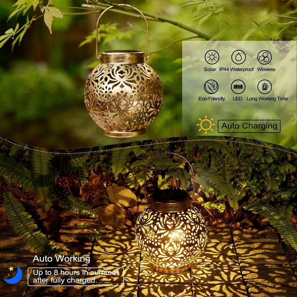 Solar Powered Moroccan Lanterns Metal Outdoor Hanging Lights Waterproof For Patio Lawn Yard Tabletop Decor Ambient Lighting
