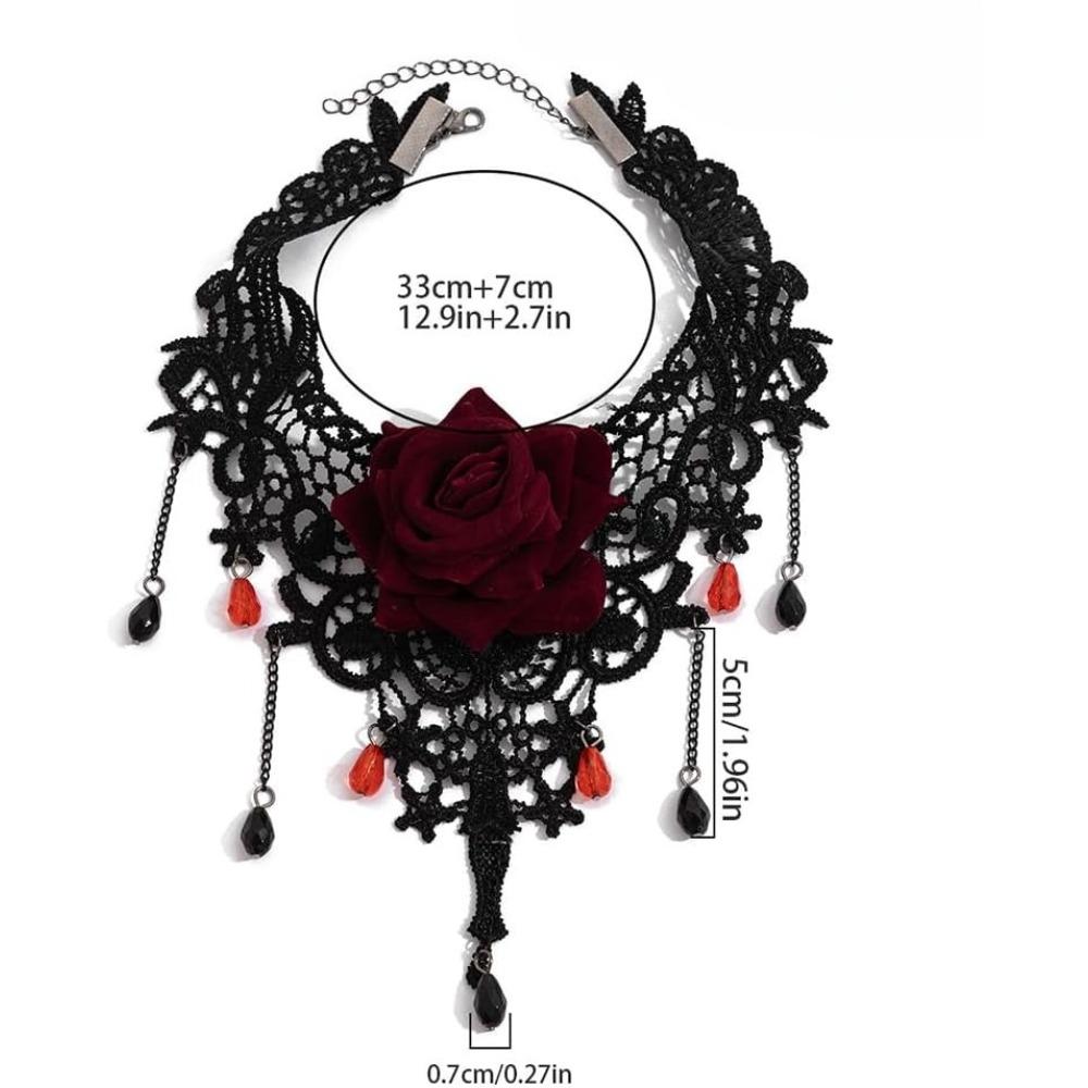 Gotischer Schwarzer Spitze Rote Rose Blume Choker Halskette Vintage Kristall Anhänger Kragen Kette Zubehör für Halloween Hochzeit Brautparty