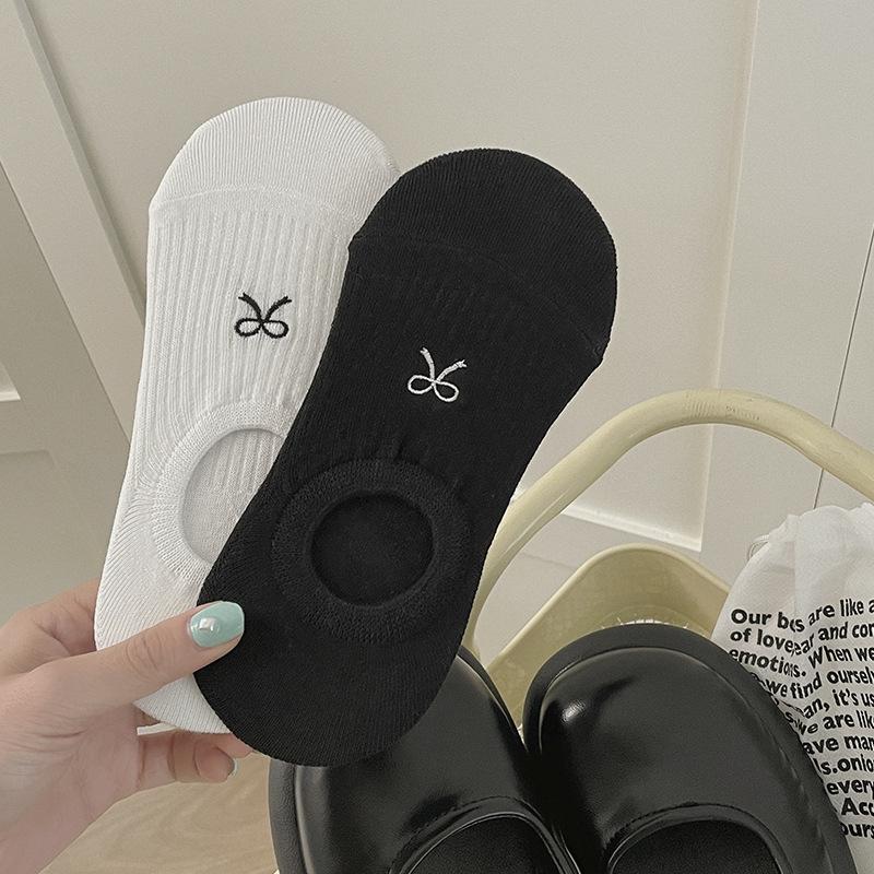 Frühlings-/Sommer Baumwoll-Bootssocken mit Schleifenstickerei - Unsichtbar, Einfarbig, Niedrig geschnitten