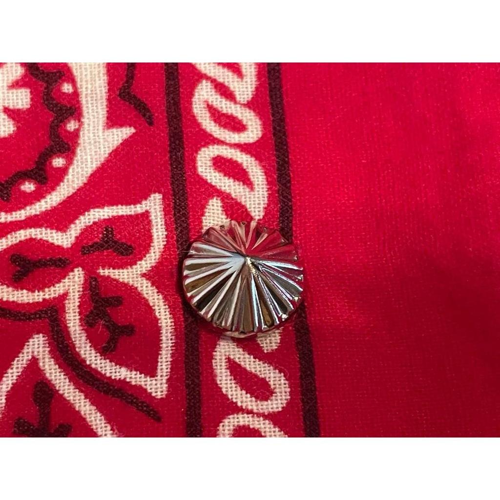 Used 80s USA-made bandana, red, paisley, with concho and studs, made in America