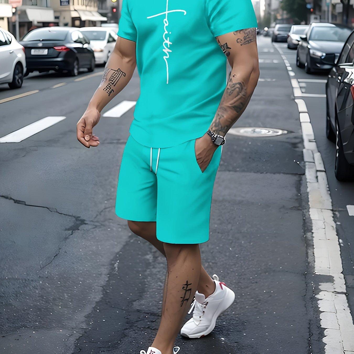 

Мужской комплект летней одежды с принтом FAITH из двух предметов: дышащая футболка с круглым вырезом с короткими рукавами и шорты на шнурке с карманами, которые можно стирать в машине 6XL