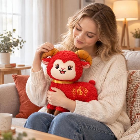 Traditional Gift for Kids Lucky Sheep Plush Toy, Chinese New Year Zodiac Mascot with Fu Stuffed Animal Toy Embroidery, Red Curly Fur Doll Company
