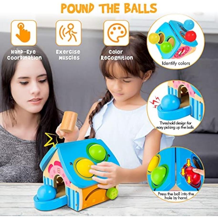Houten hamer speelgoed voor kinderen, 4-in-1 Montessori educatief speelgoed klopbank met ballen voor babyjongens en meisjes - Object Permanence Box van 1-4 jaar
