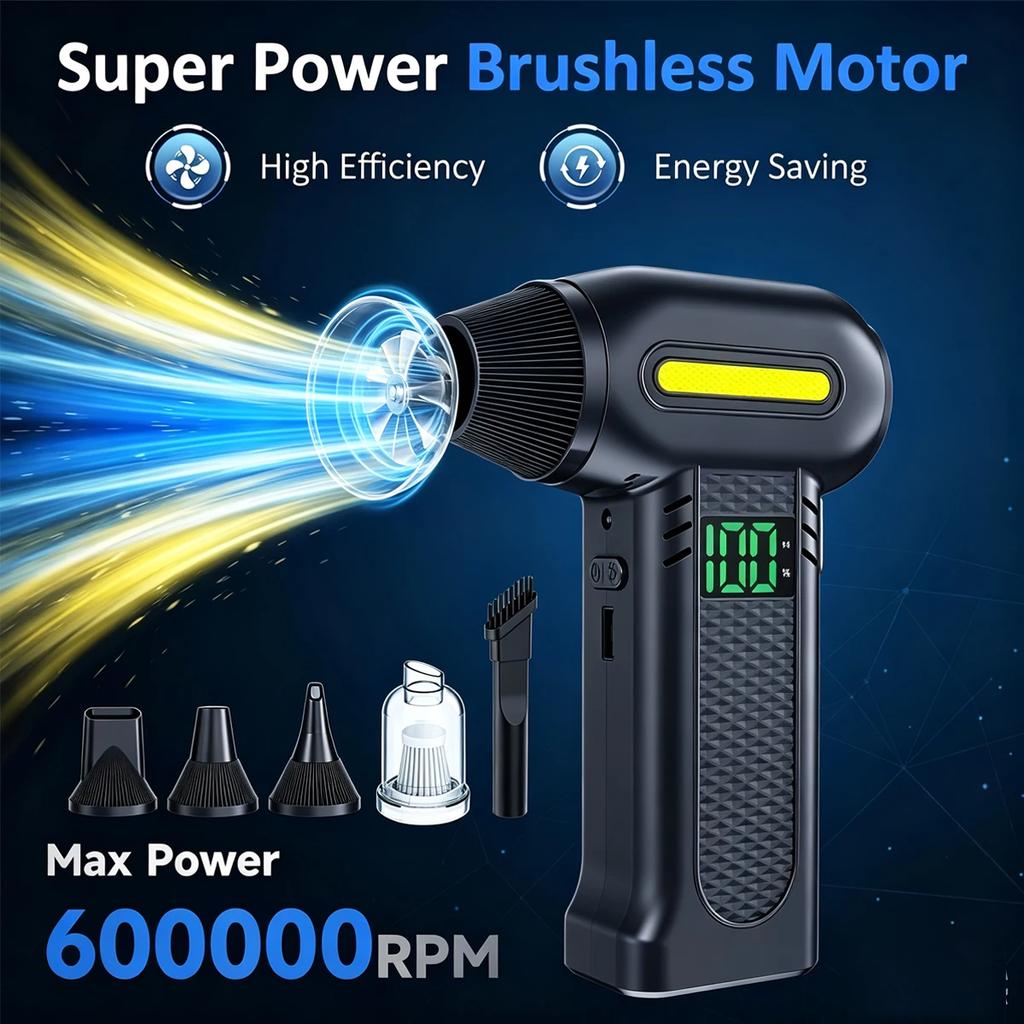 600000RPM Violent Fan Portable Air Blower 5 Gear Adjustable BrushlessTurbo Blower whith 10000mAh Battery Display Cordless Compressed Air Duster