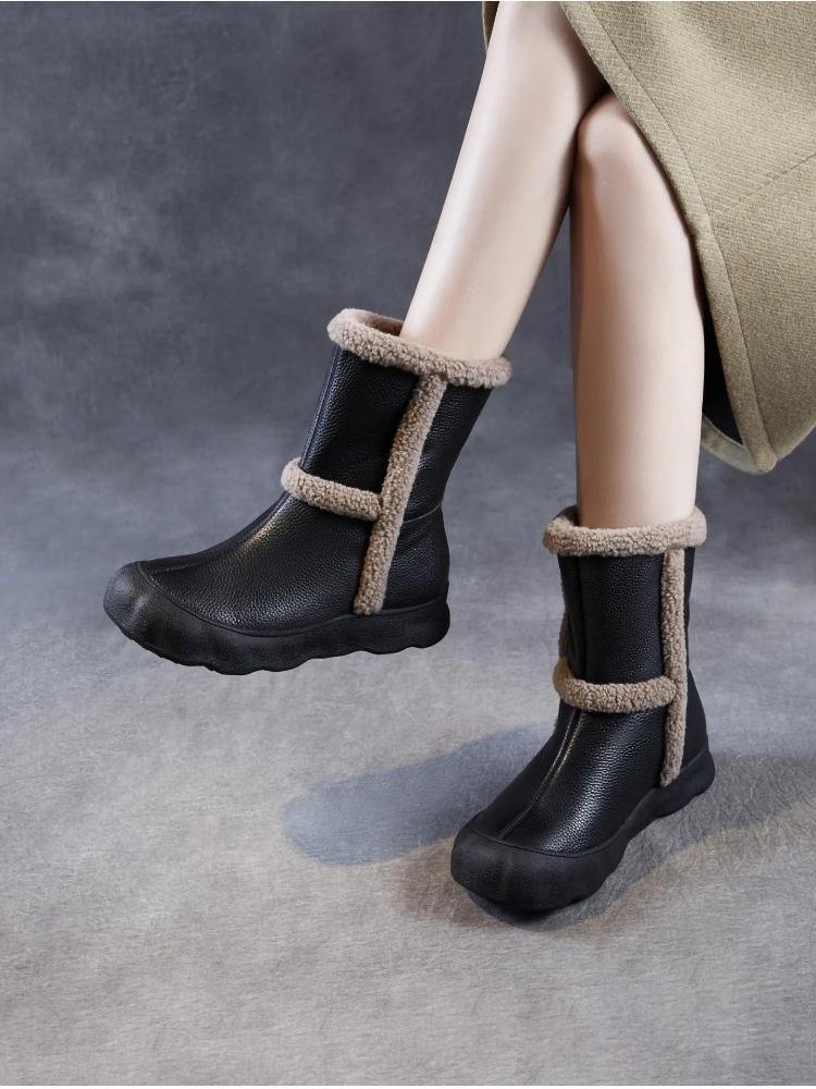 Johnature Genuine Leather Plush Thickened Women's Mid-calf Boots Casual Soft Soled Warm Cotton Shoes