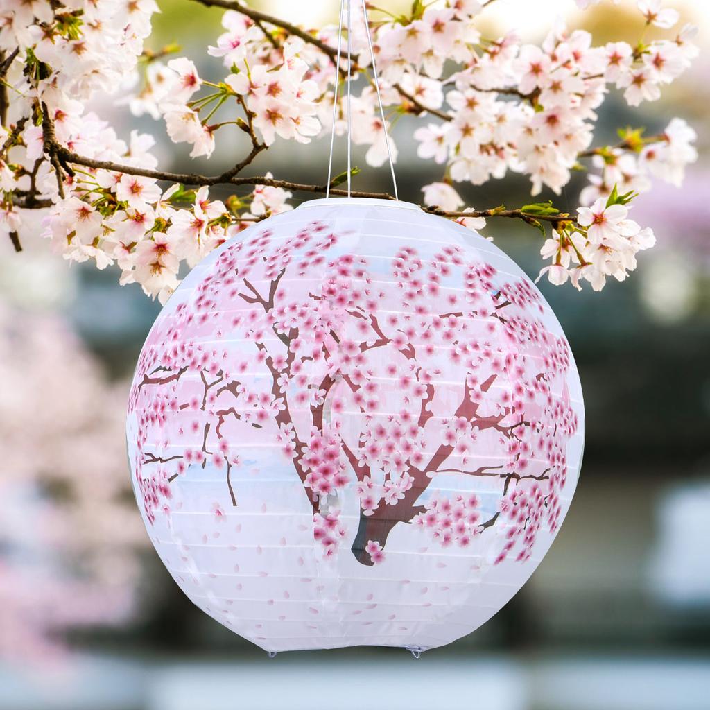 Solar Powered Cherry Blossom Lights Nylon Colth Chinese Traditional Hanging Lanterns IP65 Waterproof for Patio Garden Decor