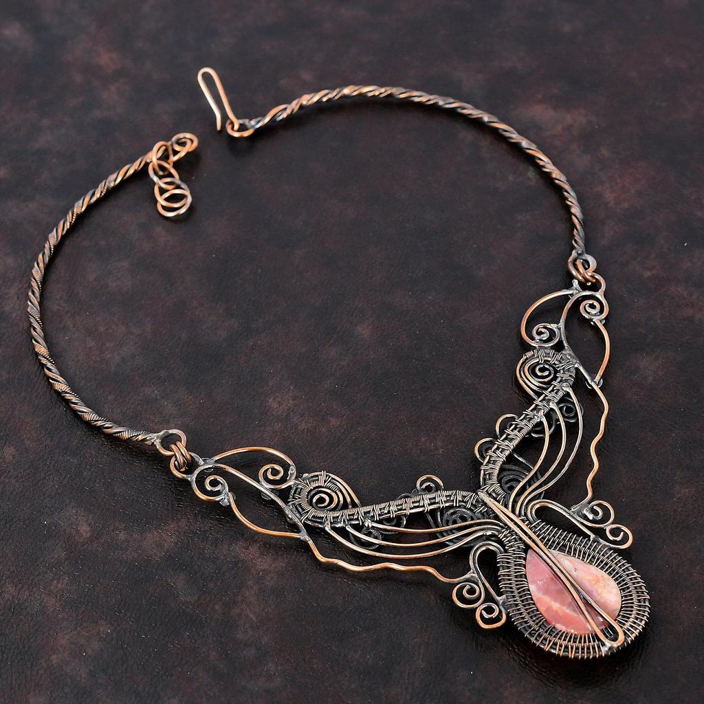 Rhodochrosite Necklace Copper Wire Wrapped Adjustable Necklace Gemstone Copper Jewelry Handmade Necklace Rhodochrosite Jewelry Gift For Mom