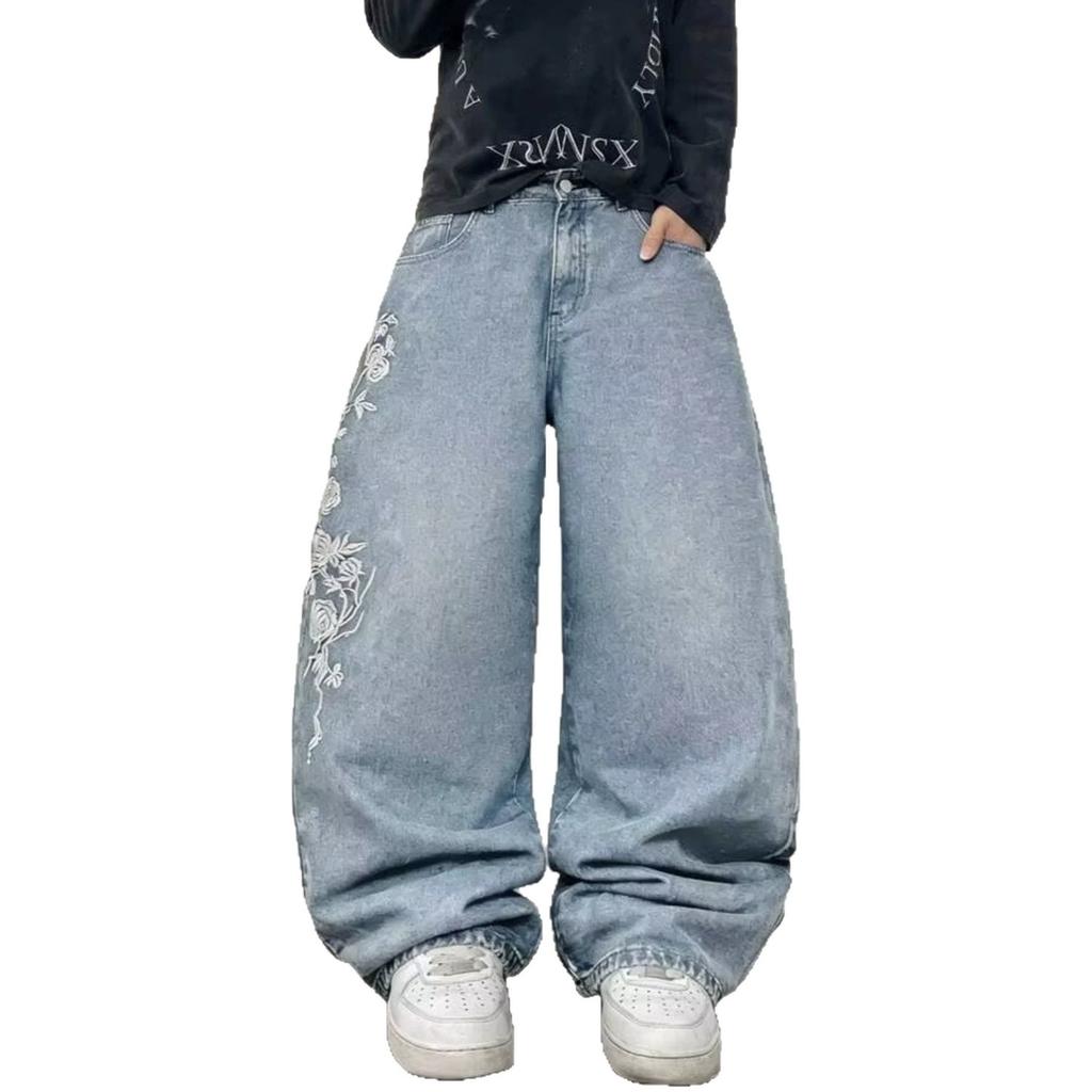 American Retro Y Rose Embroidered Jeans High Waist Straight Loose and Thin Denim Trousers