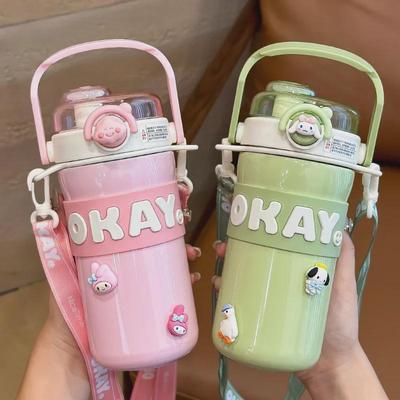 Girls' Stylish 316 Stainless Steel Thermos Cup with Straw & Crossbody Strap, Dual-Opening, 2023 Model