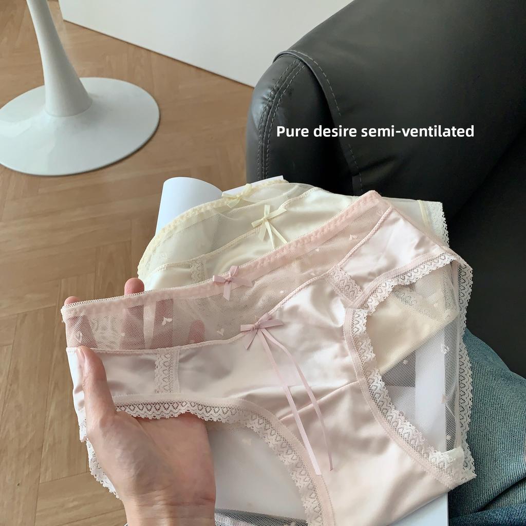 Ladies Spring Summer Sexy Lace Love Mesh 10A Antibacterial Mid Waist Panties