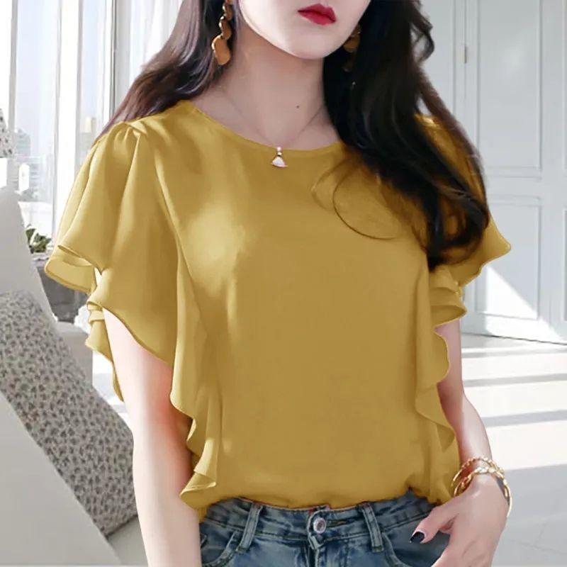 Summer Thin Temperament Ruffled Chiffon Shirt Short Sleeved T-shirt Women's Solid Patchwork Round Neck Korean Fashion Loose Top