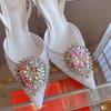 Fashion Luxury Diamond Pearls Lace Mesh Women Pumps Elegant Pointed Toe Thin High Heels Fashion Summer Slingbacks Wedding Party Shoes