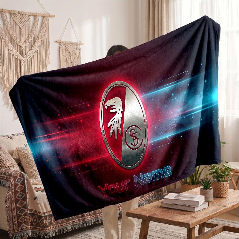 SC Freiburg Personalized Fleece Blanket With Football Logo, Custom Name Text Soft Warm Home Throw Blanket