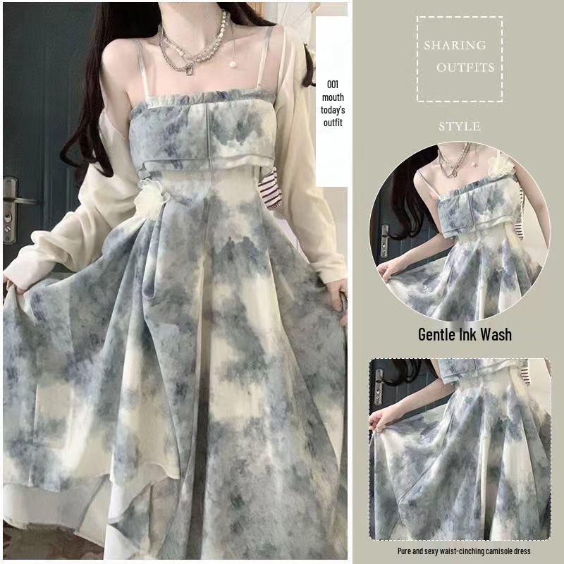 Women's Summer Ink Painting Outfit: Thin Sunscreen Cardigan & Slimming Camisole Dress