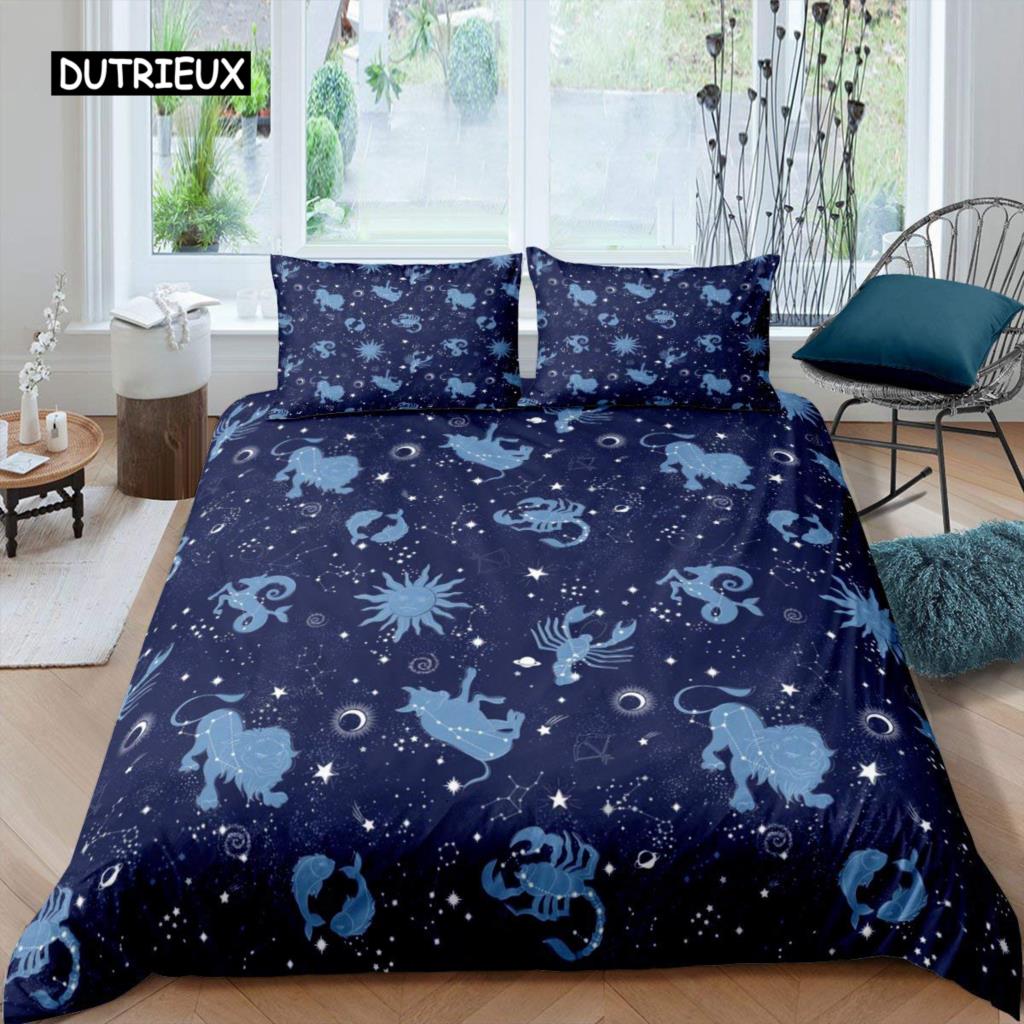 Constellation Duvet Cover Set Golden Pattern Comforter Cover Zodiac Signs Starry Sky Animal Queen Size Quilt Cover for Boy Men