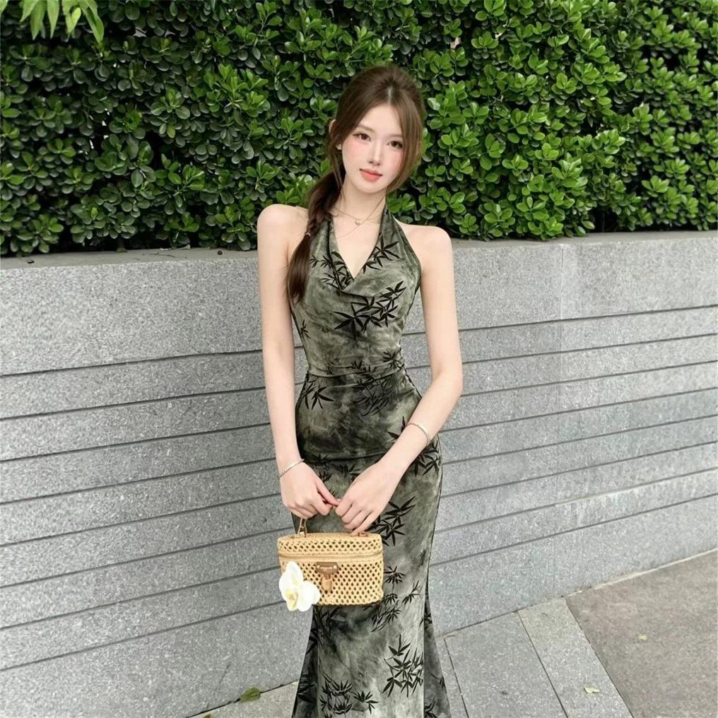 Fashion Royal Sister Style Temperament Age Reduction Retro New Chinese Bamboo Leaf Tie-dye Sexy Pure Desire Neck Fishtail Dress Women