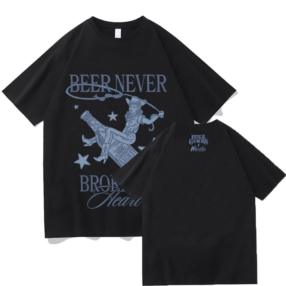 Beer Never Broke My Heart Tee Luke Combs Music Man Woman Harajuku O-Neck Short Sleeve T Shirts Fans Tee Cotton Top