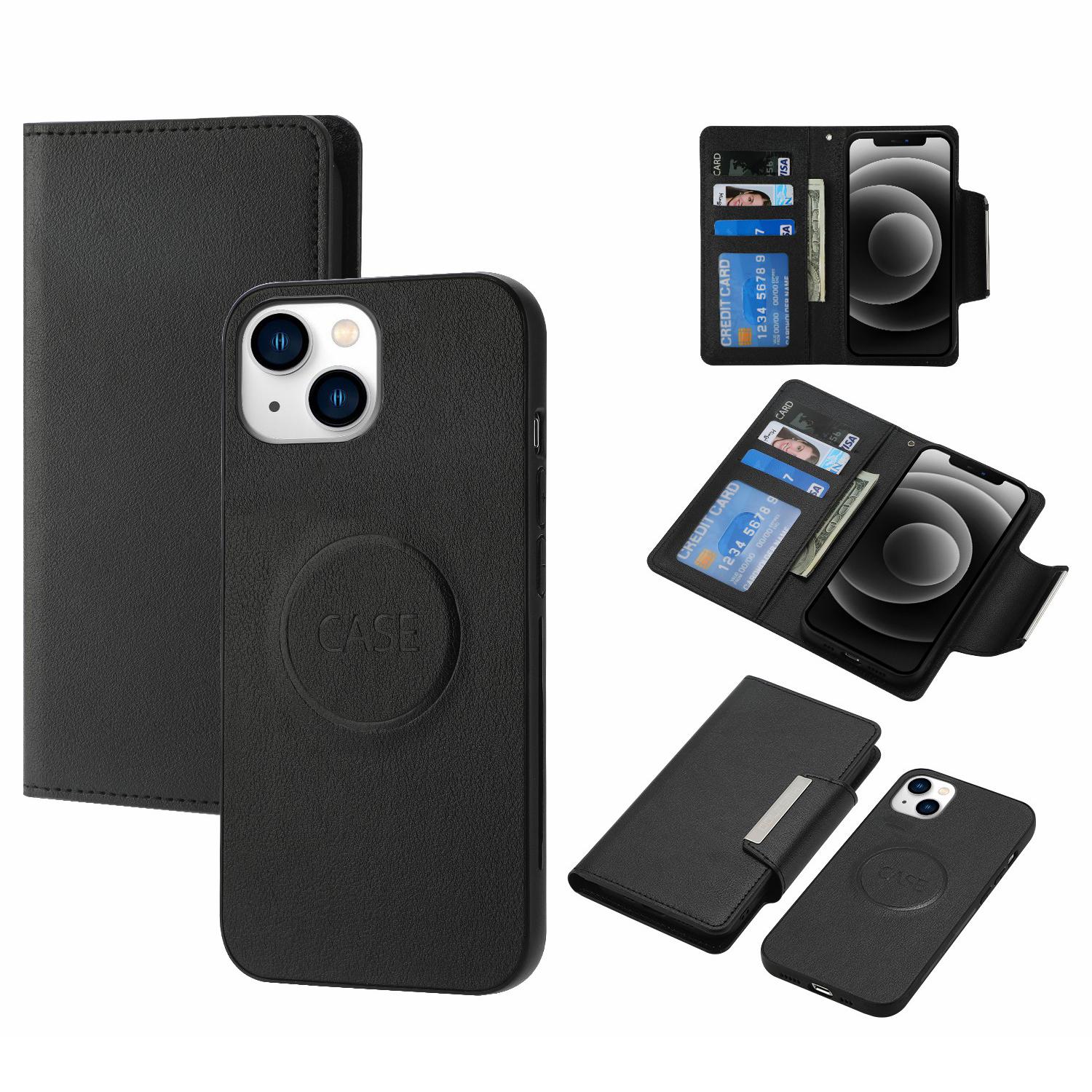 

For iPhone 15 Plus PU Leather Detachable Phone Case 2-in-1 Wallet Folio Slim Cover Black