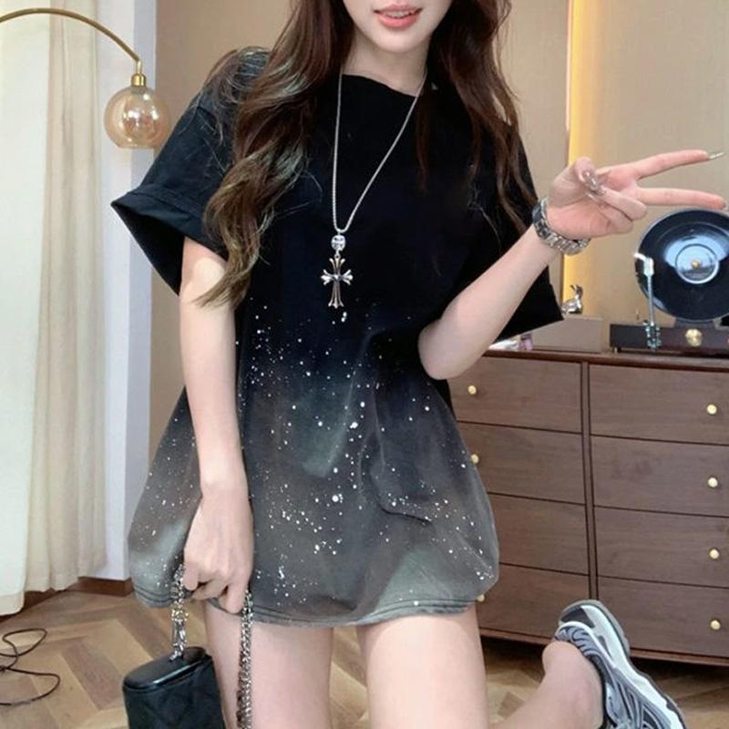 Summer Fashion Minimalist Round Neck Front Shoulder Niche Black Tie Dyed Gradient Mid Length Casual Loose Fitting T-shirt