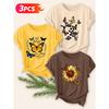 Three-piece Set Elegant Short-sleeved Shirt for Women Butterfly and Sunflower Print Round Neck Women's T Shirt Suitable for Spring