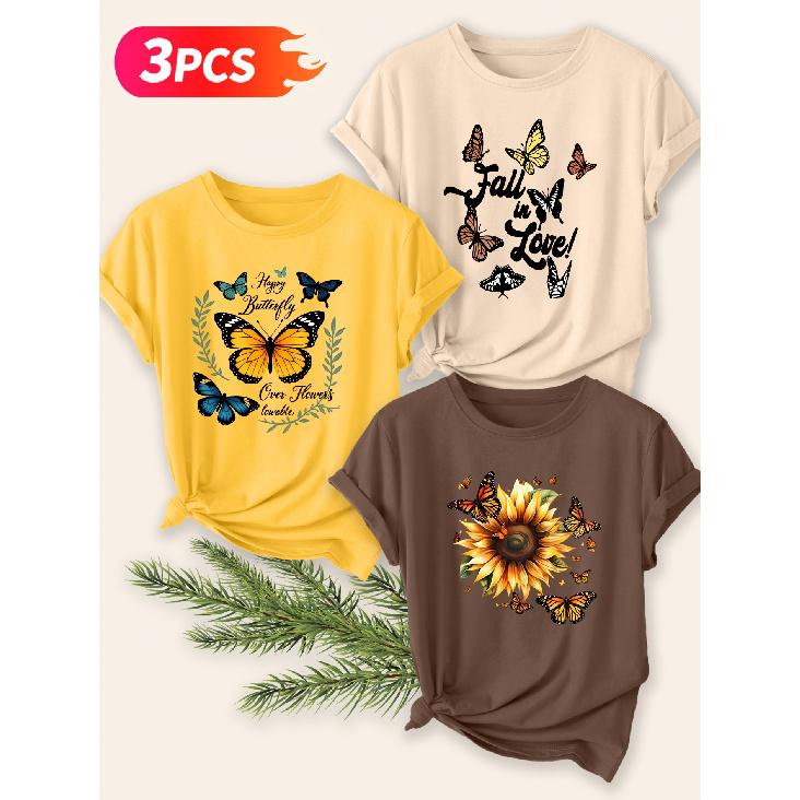 Three-piece Set Elegant Short-sleeved Shirt for Women Butterfly and Sunflower Print Round Neck Women's T Shirt Suitable for Spring