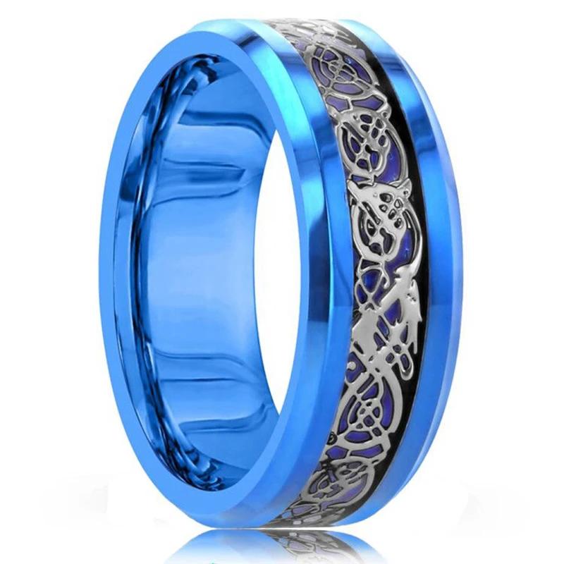 Fashion 8mm Men's Stainless Steel Celtic Dragon Ring Inlay Red Green Black Carbon Fiber Ring Wedding Band Charm Jewelry Gifts