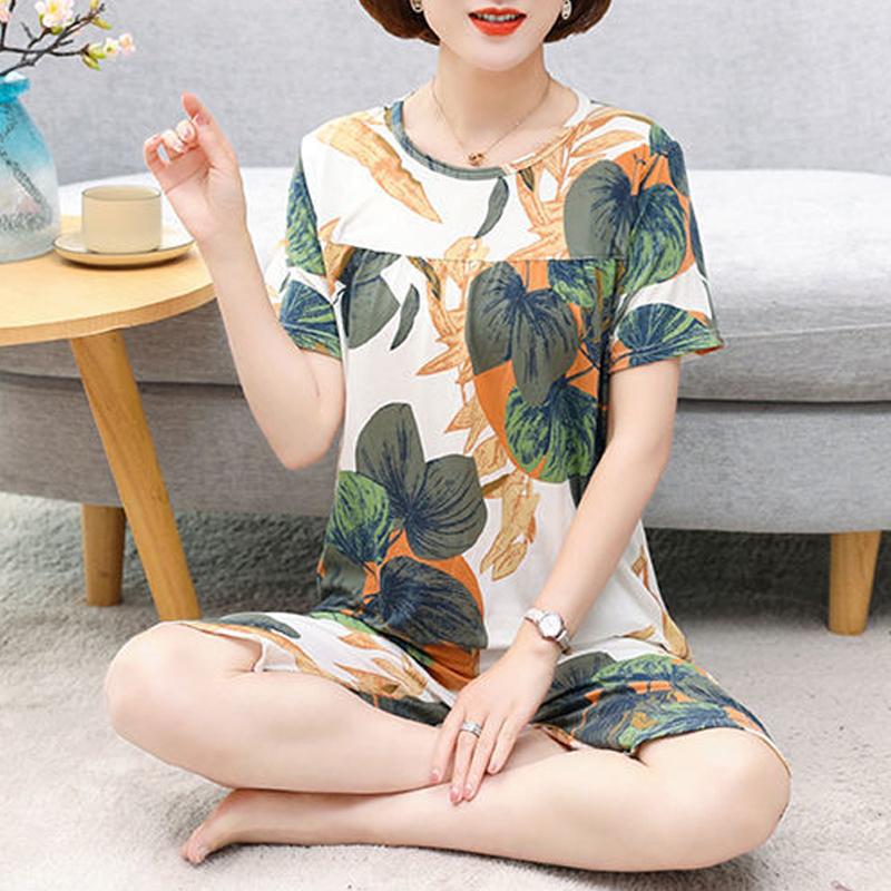 Middle Aged and Elderly Mothers Pajamas Women's Short Sleeved Home Clothing Spring and Autumn Sets Summer Oversized Loose Fitting