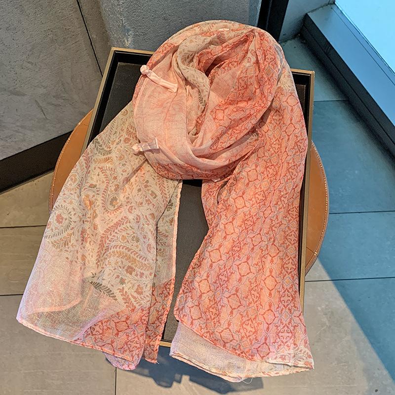 Elegant Women Thin Silk Scarf Wrap Shawl Striped Floral Print Sunscreen Bandanas Hijab Mujer Boho Scarve Casual Chinese Style