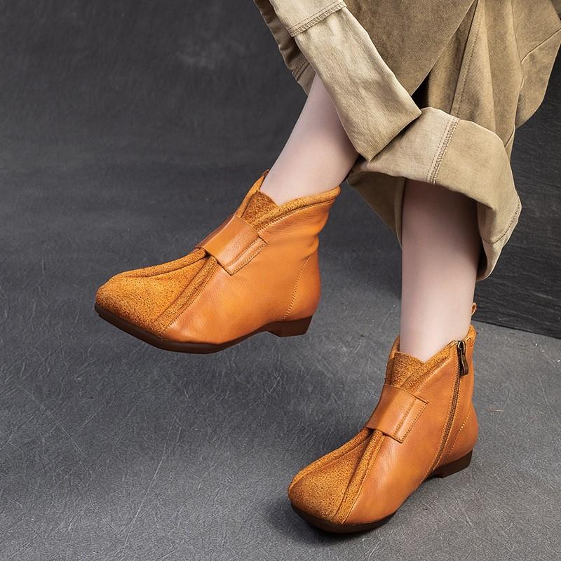 Johnature Genuine Leather Women's Shoes Flat Bottomed Comfortable Retro Short Boots