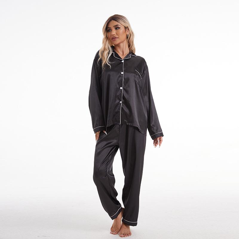 Women's Plus Size Satin Lapel Pajama Set - Long Sleeve & Pants