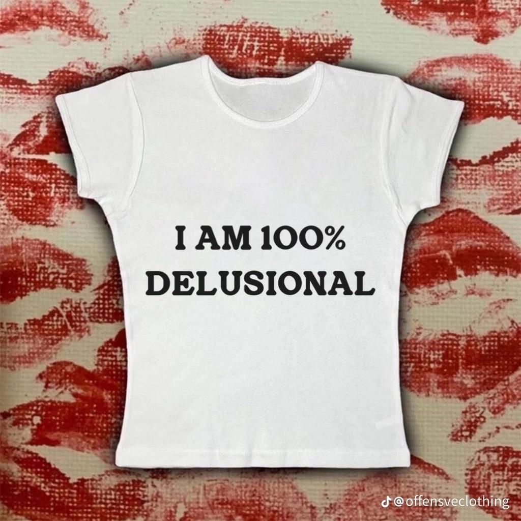 I Am% Delusional YK Baby Tee Cherrykitten Printed T-Shirt Short Sleeve Top