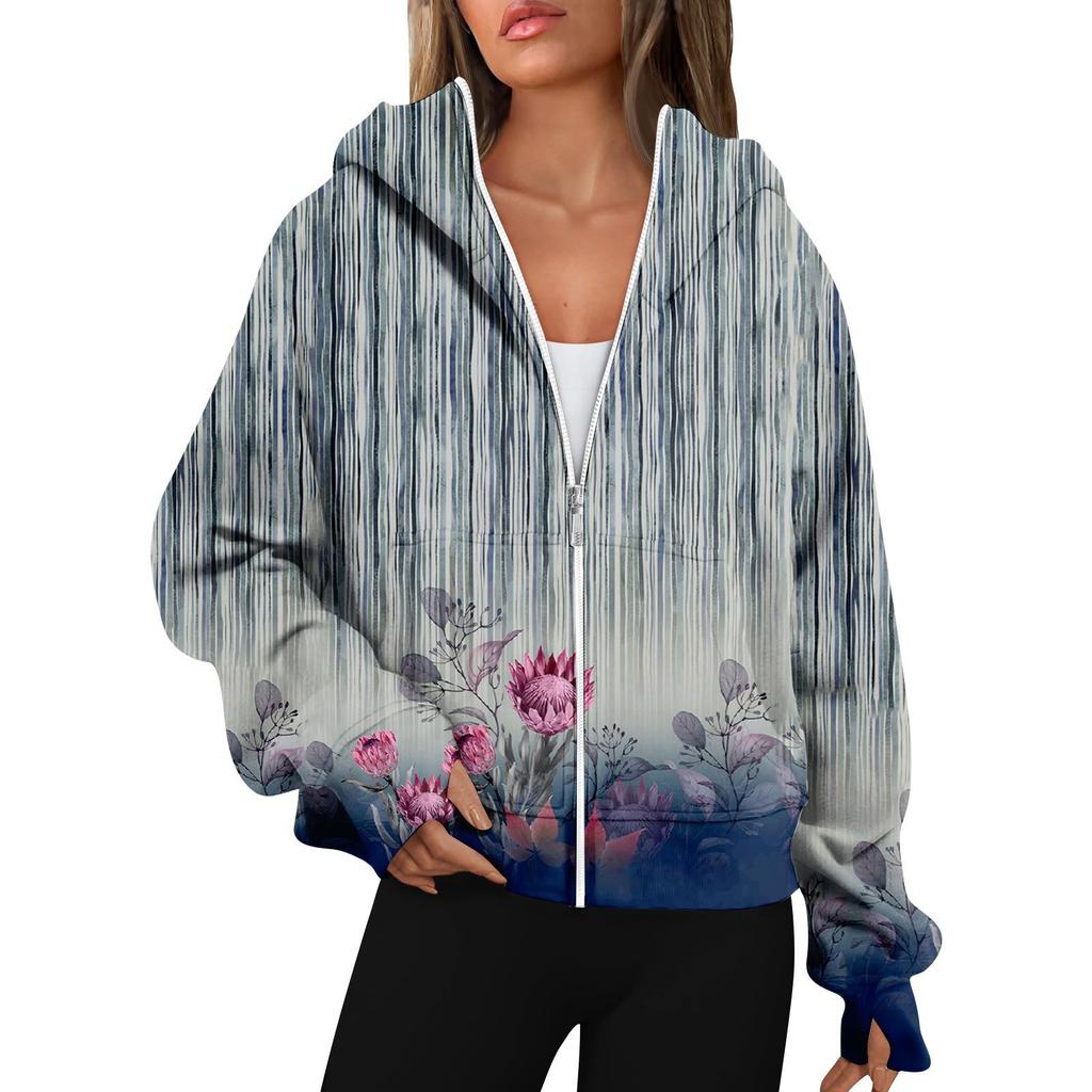 Hanorace de damă cu mânecă lungă, ocazional, cu fermoar complet, hanorace cu orificiu pentru degetul mare, haine, jachete cu buzunare