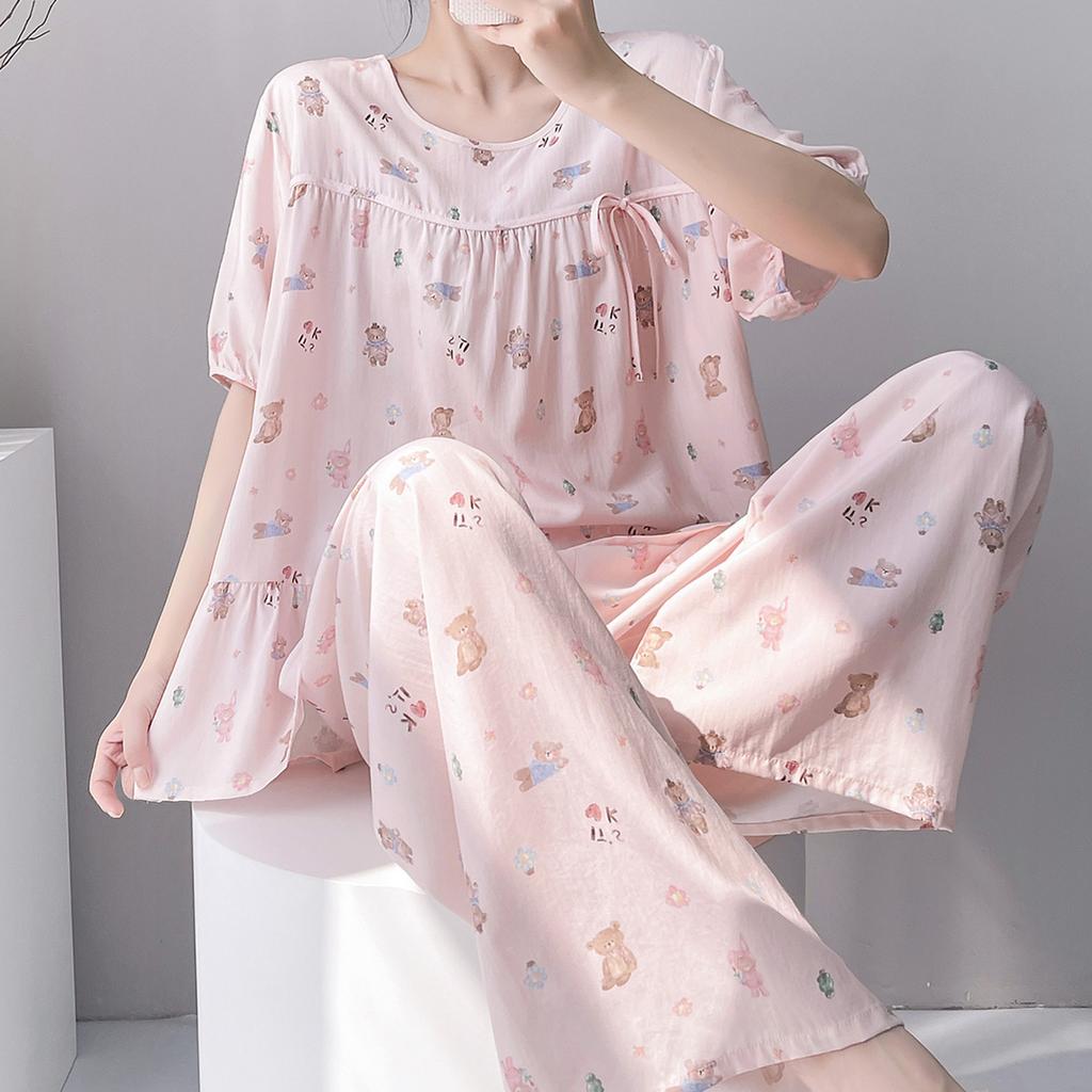 Cotton and Silk Pajamas Women's Summer 1011 New Short-sleeved Trousers Can Be Worn Outside the Suit, Sweet Girl Small Fresh Loungewear
