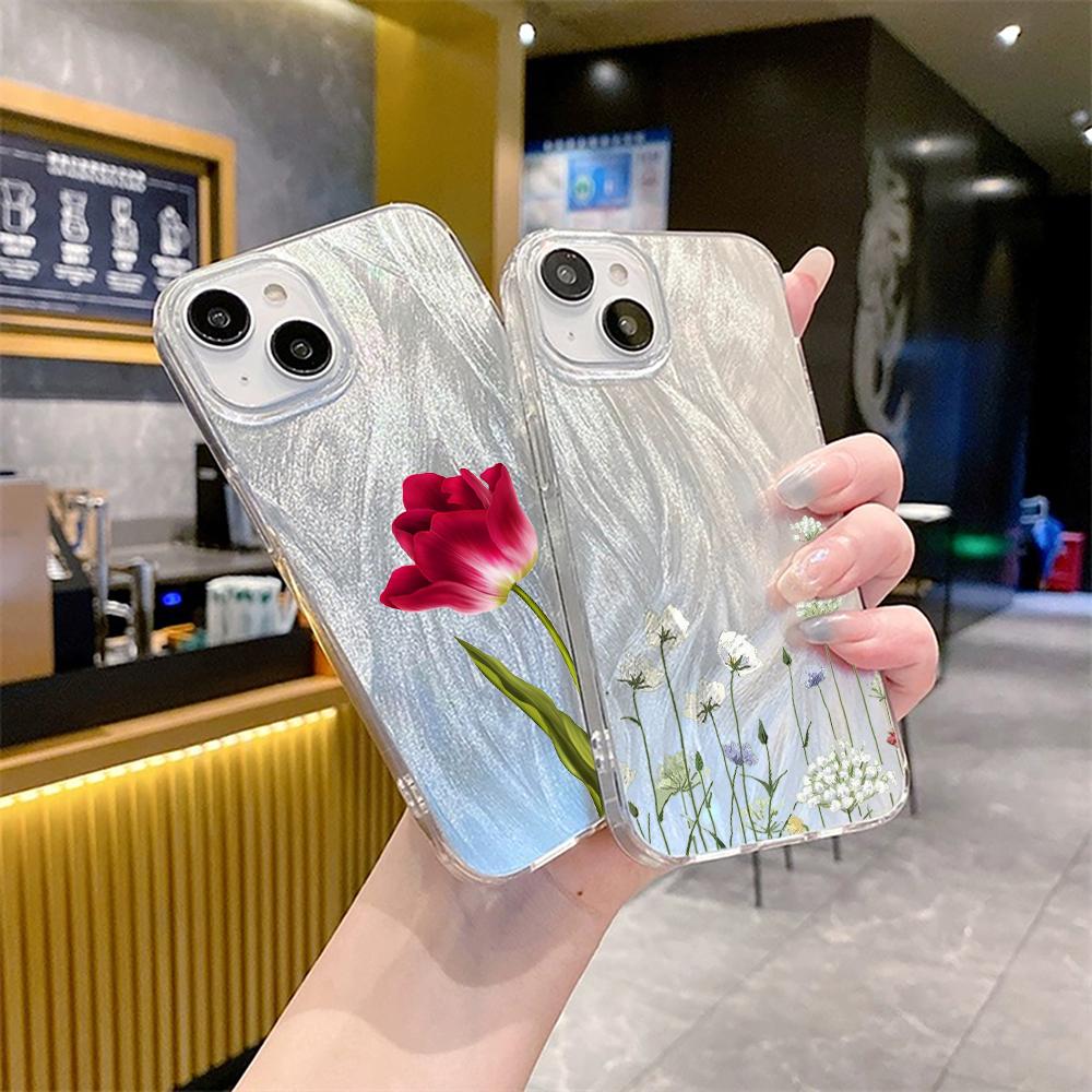 N93 Peony Clear Frame Case for Samsung S25 Ultra A55 A05s A52 iPhone 16 15 Pro Max XR Xiaomi Redmi Note 13 Feather Chiffon Texture Silver Plated Cover