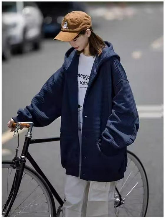 Unisex Japanese Retro Waffle Knit Hooded Cardigan - Loose Fit Solid Color Autumn/Winter Casual Jacket