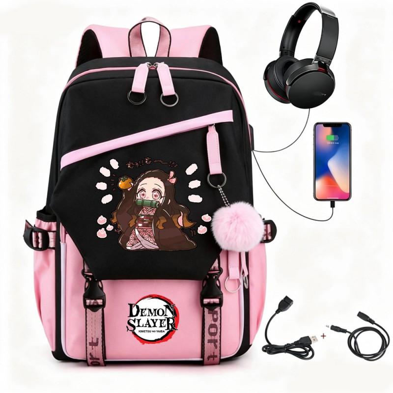 Anime Printed Canvas Backpack With USB Charging Port Teens Students School Travel Unisex