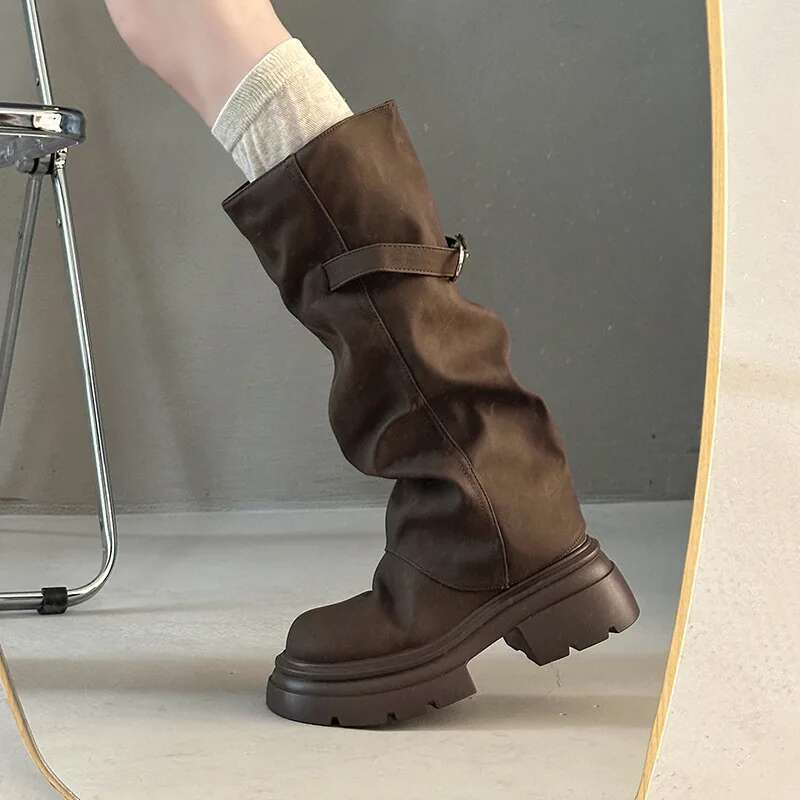 Women Boots Block Heel Fold Vintage Pleated Stack Western Boots Women'S  Round Toe Studded Knee-Free Knee Knight Boots