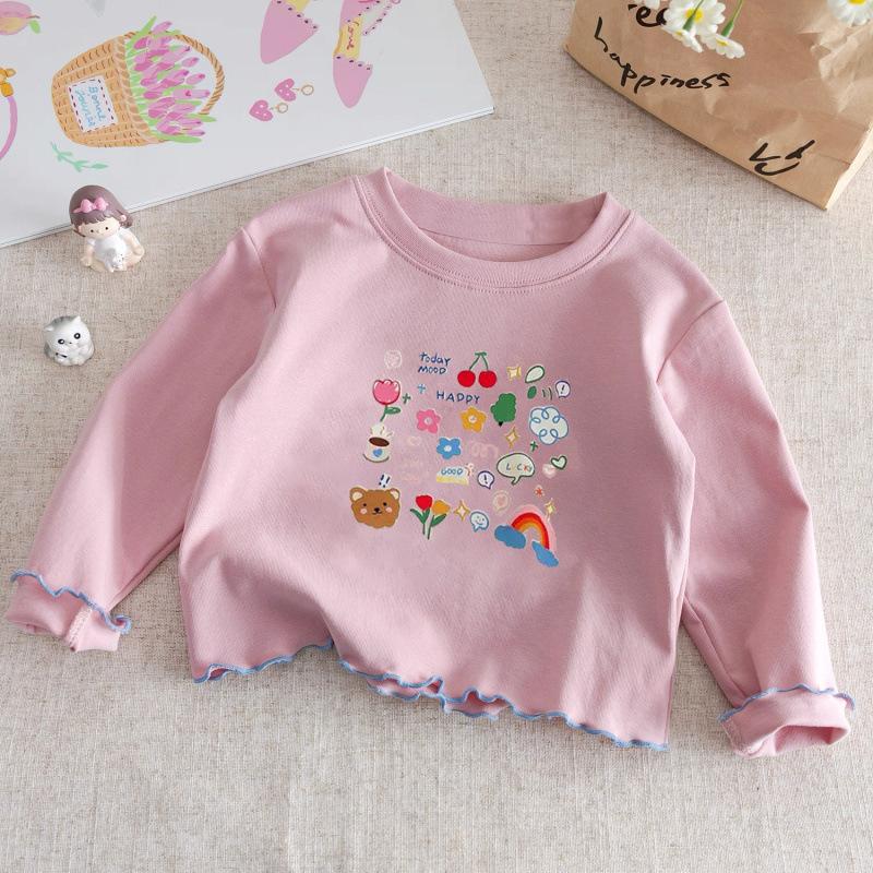 Girls Cotton Long Sleeve T Shirt Ruffled Round Neck Printed Top Spring Autumn Baby Toddler Casual Tee