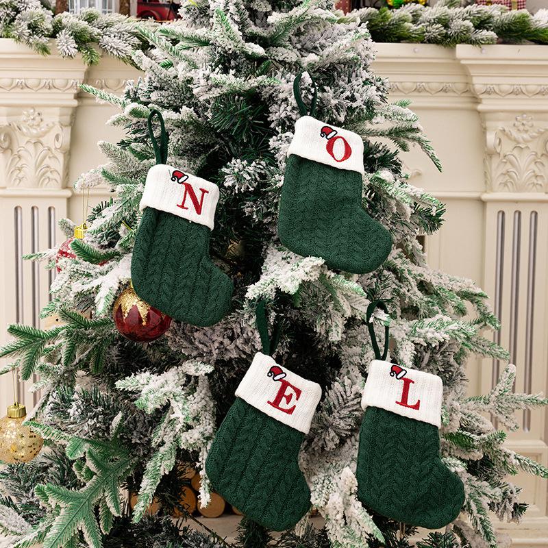 Christmas Decorations Green Letter Knitted Socks Embroidered Wool Socks Christmas Socks Gift Bag