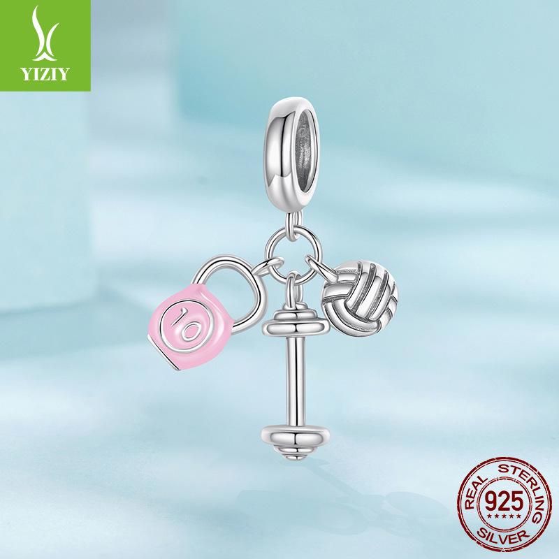 Pink Kettlebell Volleyball Dumbbell Pendant Accessories Sweet Sports Wind S925 Sterling Silver Beaded