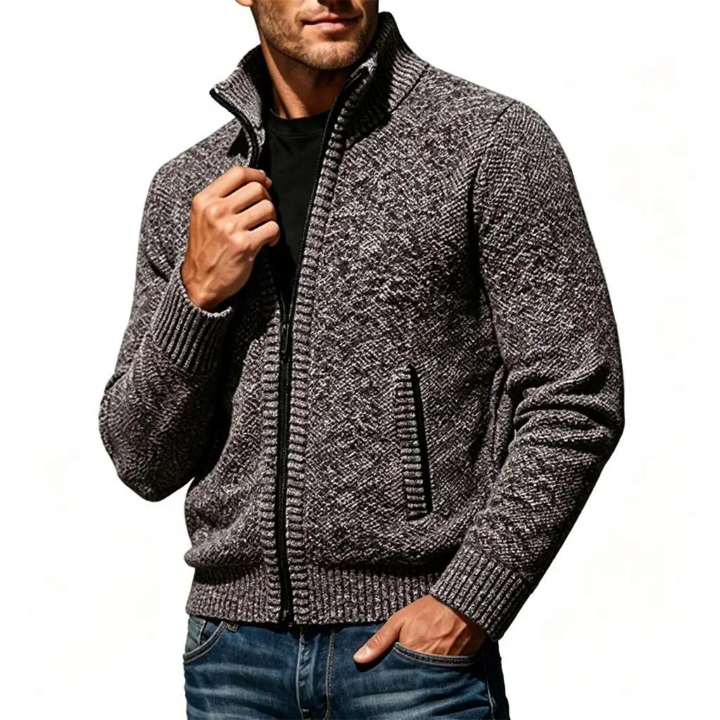 Men's Lined Long Sleeve Zip Up Sweater Cardigan with Stand Collar and Color Block Design