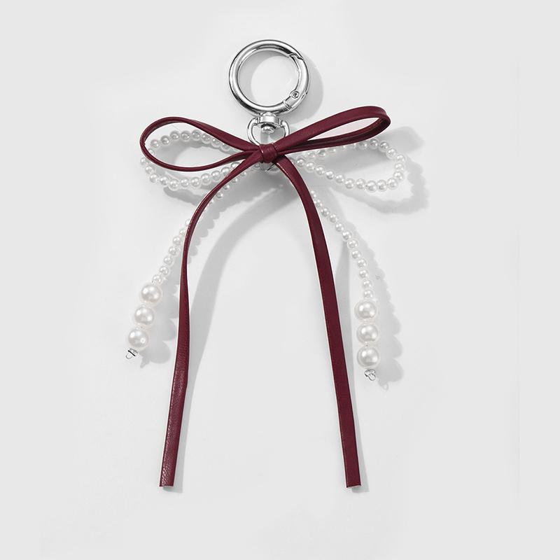 Sweet Red Cherry Pearl Keychain Ribbon Bowknot Keyring Bag Pendant Key Hanging Decoration For Best Friend Gifts